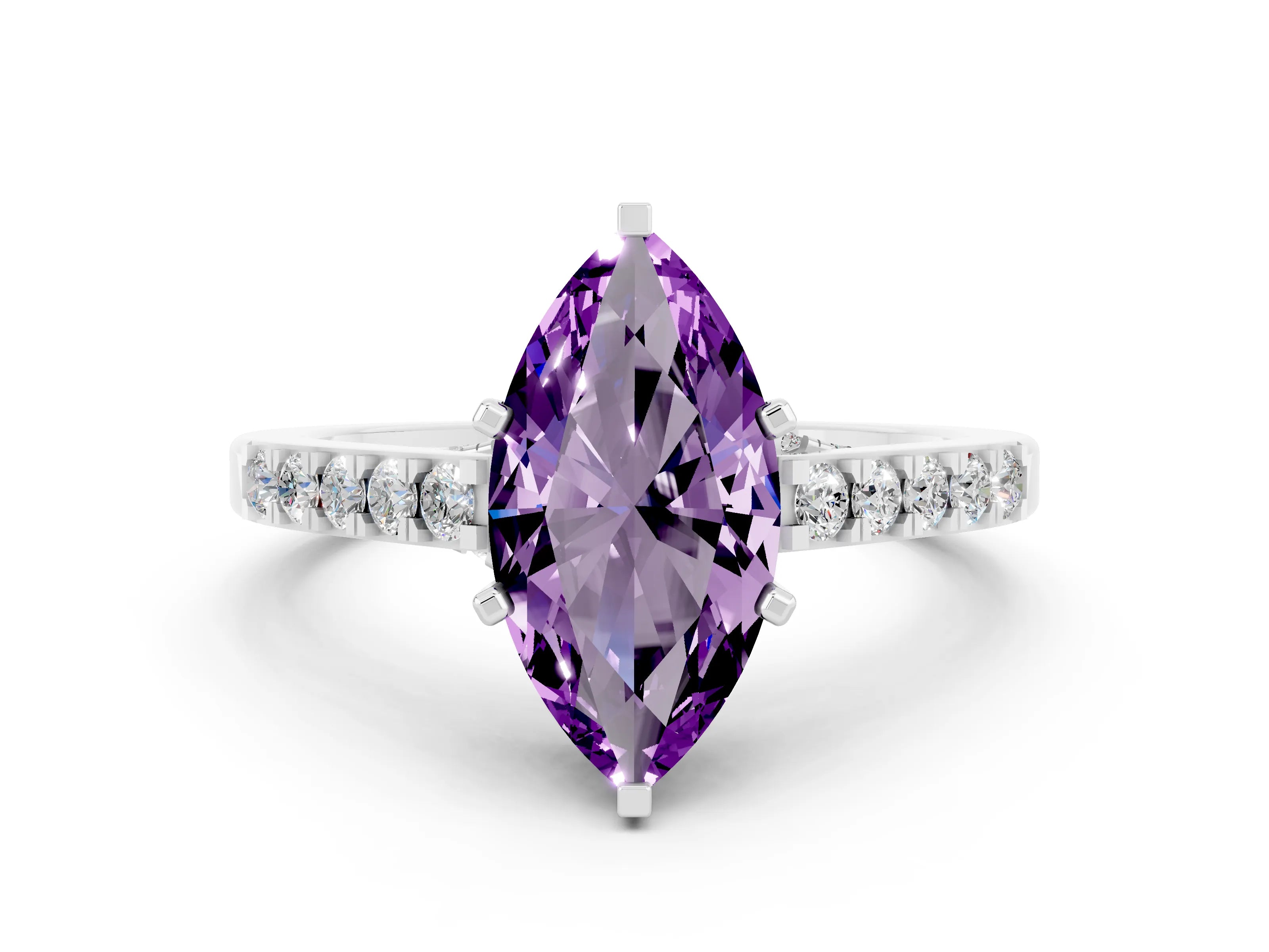 White gold Marquise Cut Diamond Solitaire Ring with Pavé Band and Prong Setting