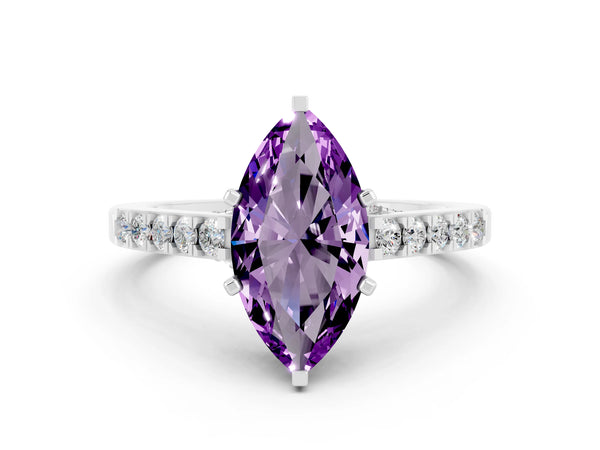 Platinum Marquise Cut Amethyst Solitaire Ring with Crossover Gallery and Round  Pavé Band