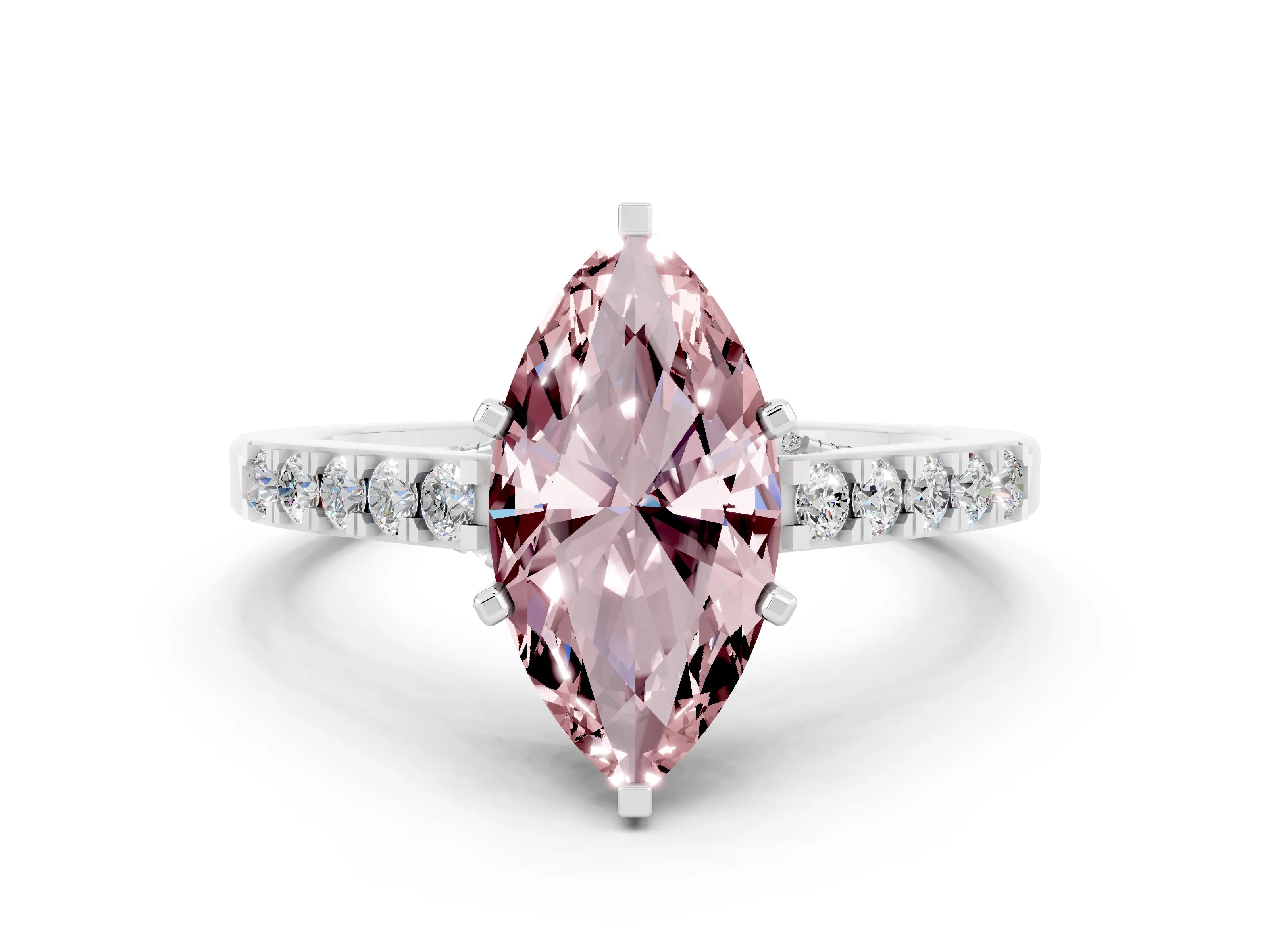 White gold Marquise Cut Diamond Solitaire Ring with Pavé Band and Prong Setting