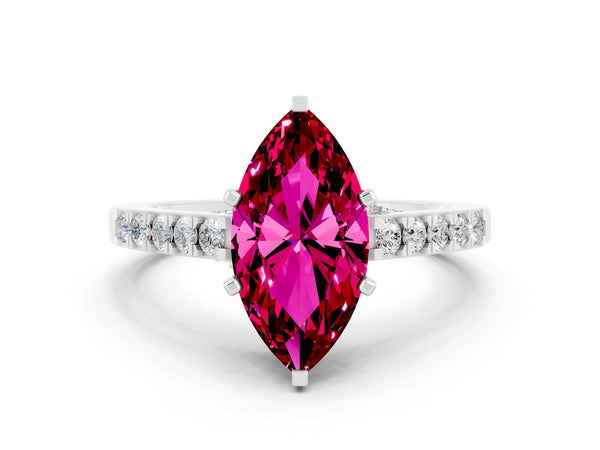 White gold Marquise Cut Garnet Solitaire Ring with Crossover Gallery and Round  Pavé Band