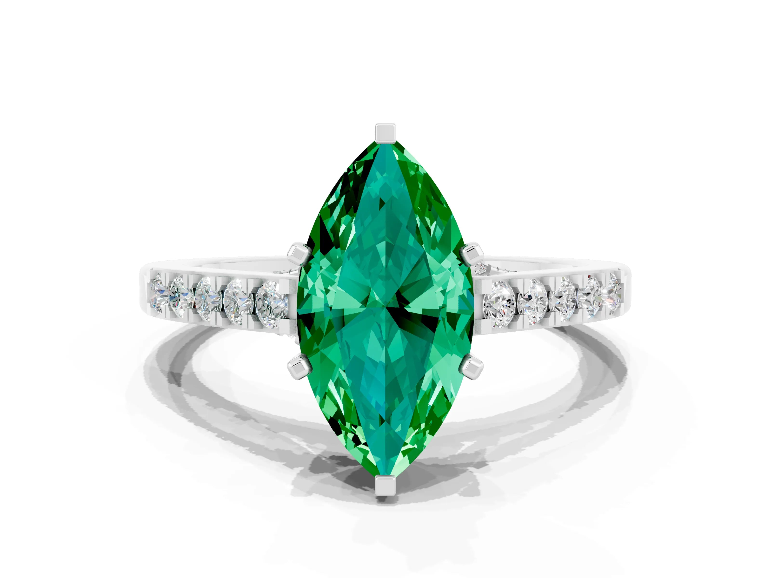 White gold Marquise Cut Diamond Solitaire Ring with Pavé Band and Prong Setting