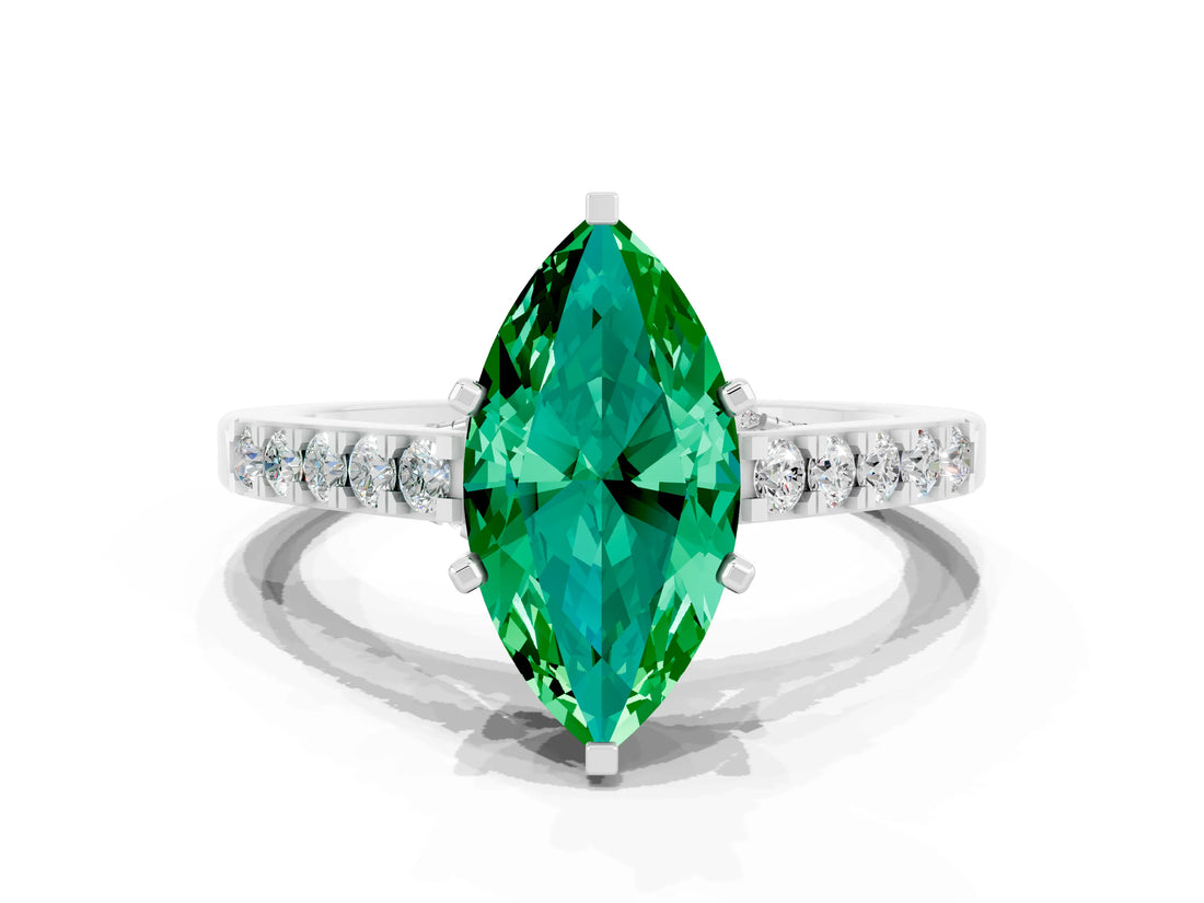 White gold Marquise Cut Diamond Solitaire Ring with Pavé Band and Prong Setting
