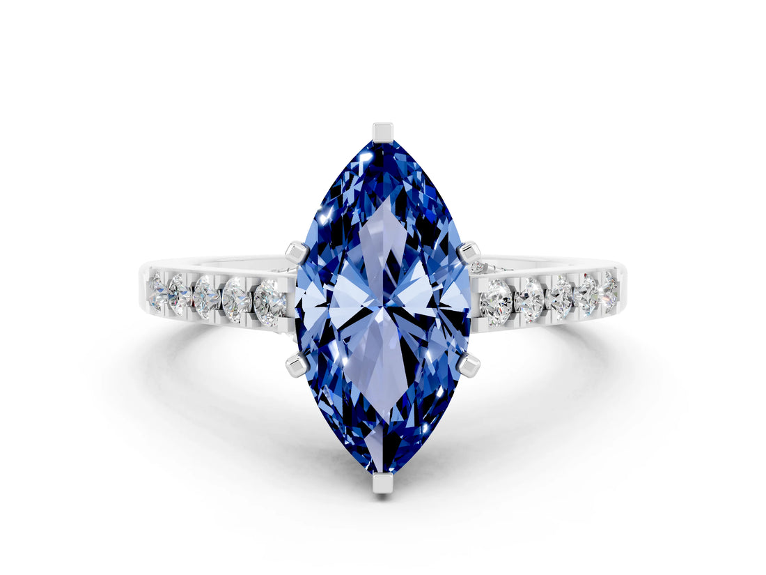 White gold Marquise Cut Diamond Solitaire Ring with Pavé Band and Prong Setting