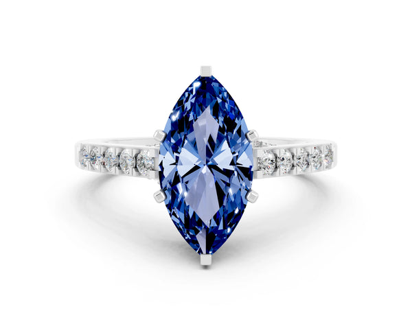 Platinum Marquise Cut Blue Sapphire Solitaire Ring with Crossover Gallery and Round  Pavé Band