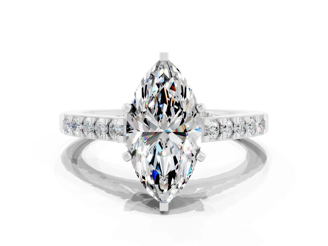 White gold Marquise Cut Diamond Solitaire Ring with Pavé Band and Prong Setting