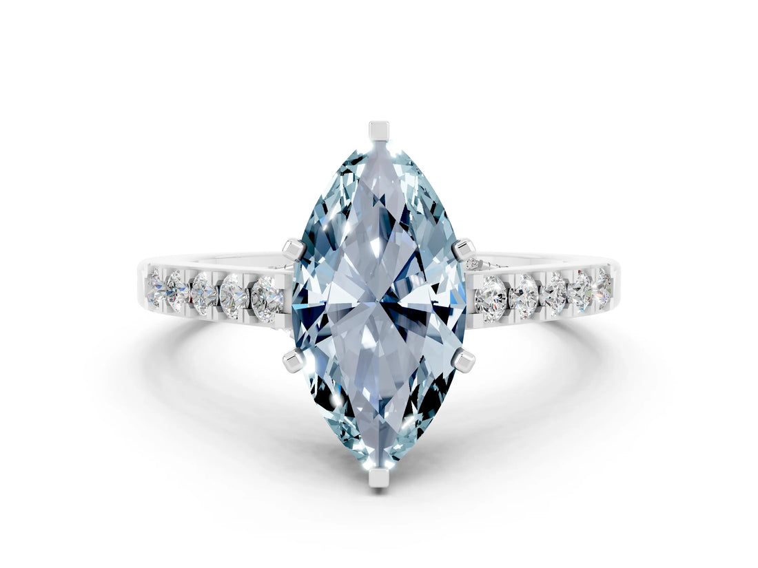 White gold Marquise Cut Diamond Solitaire Ring with Pavé Band and Prong Setting