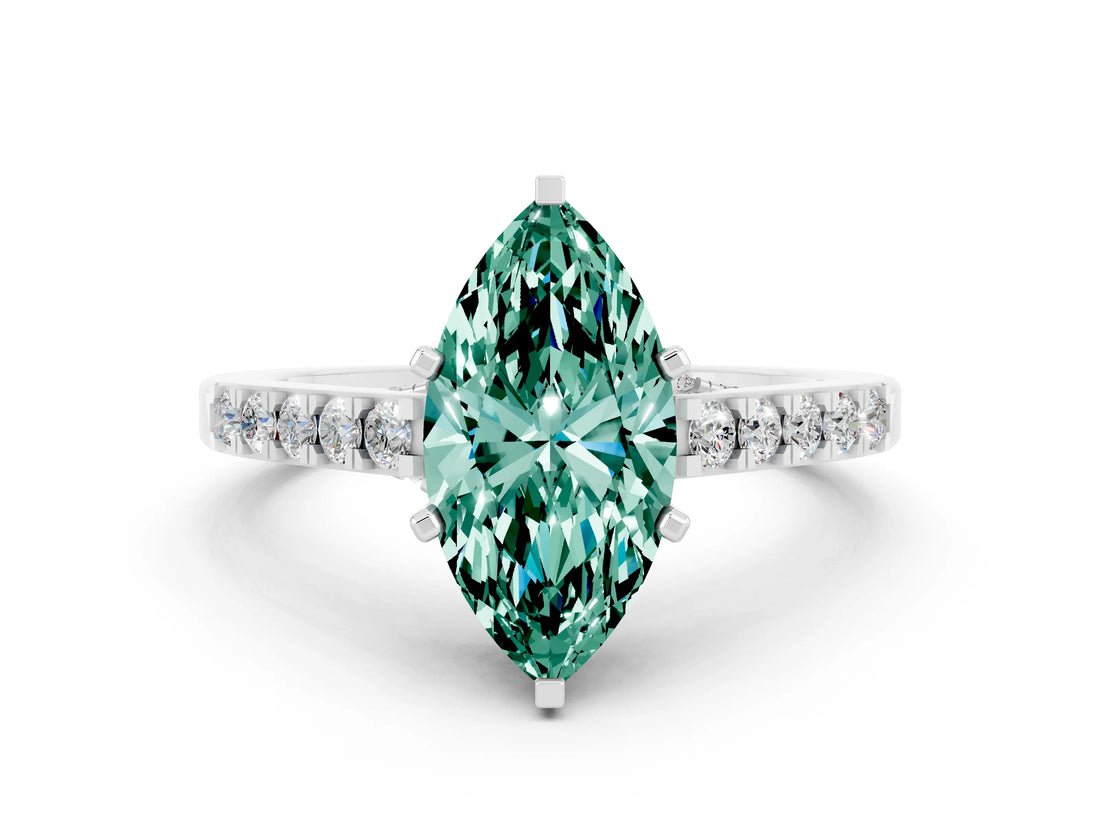 White gold Marquise Cut Diamond Solitaire Ring with Pavé Band and Prong Setting