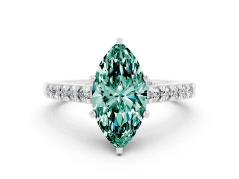 White gold Marquise Cut Diamond Solitaire Ring with Pavé Band and Prong Setting