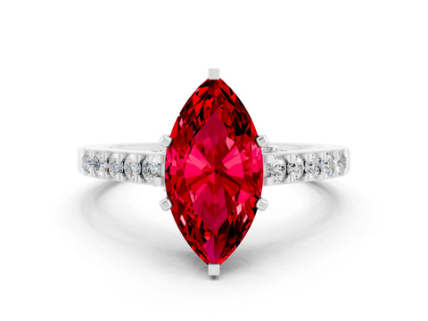 White gold Marquise Cut Diamond Solitaire Ring with Pavé Band and Prong Setting