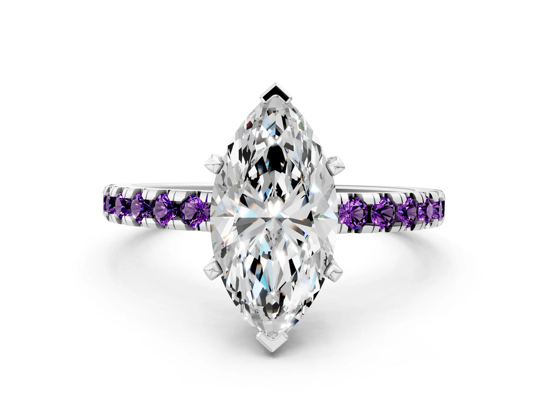 White gold Marquise Cut Diamond Solitaire Ring with Round with Amethyst side stone Pavé Band and Four-Prong Setting_36