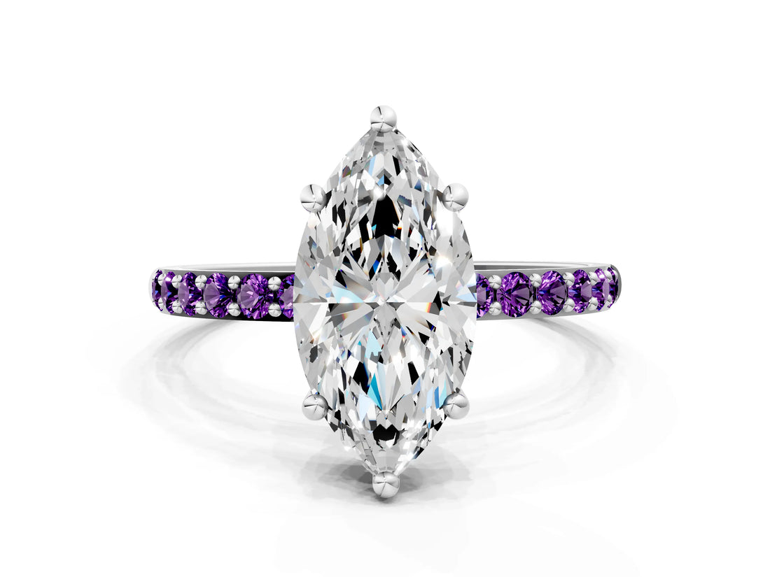 White gold Marquise Cut Diamond Solitaire Ring with Round with Amethyst side stone Pavé Band and Prong Setting