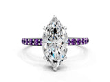 White gold Marquise Cut Diamond Solitaire Ring with Round with Amethyst side stone Pavé Band and Prong Setting