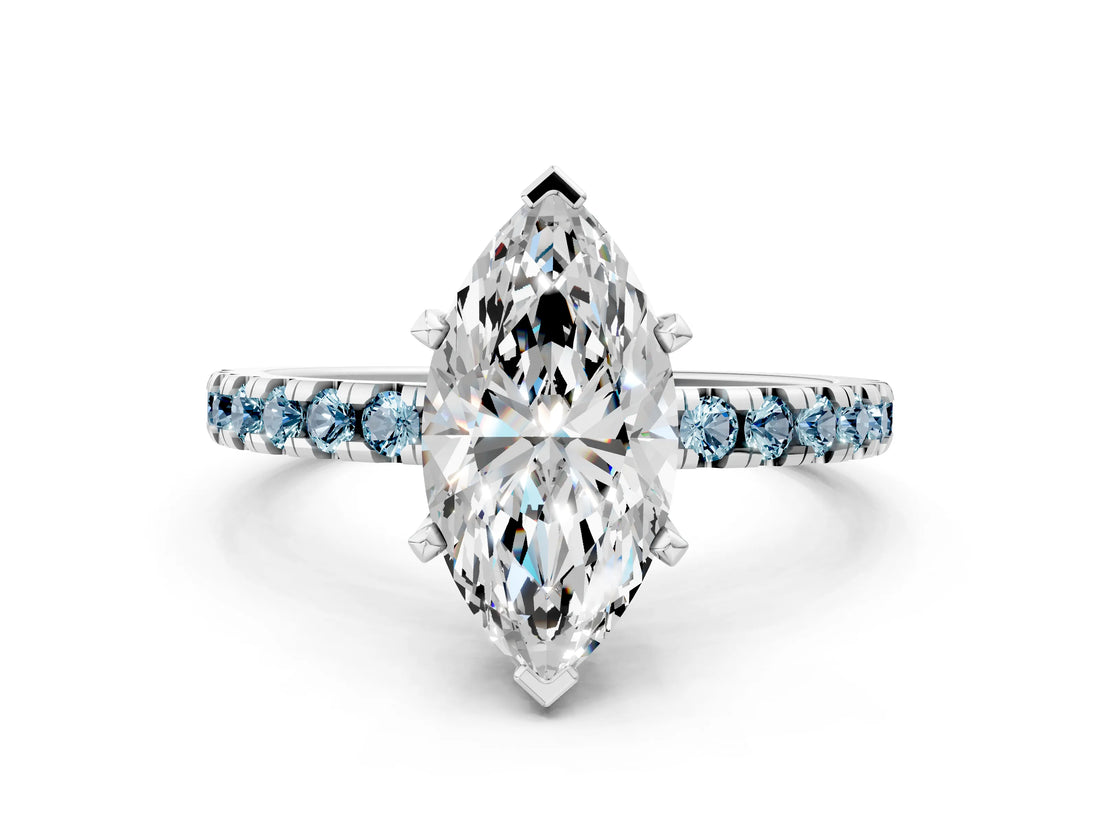 White gold Marquise Cut Diamond Solitaire Ring with Round with Aquamarine side stone Pavé Band and Four-Prong Setting
