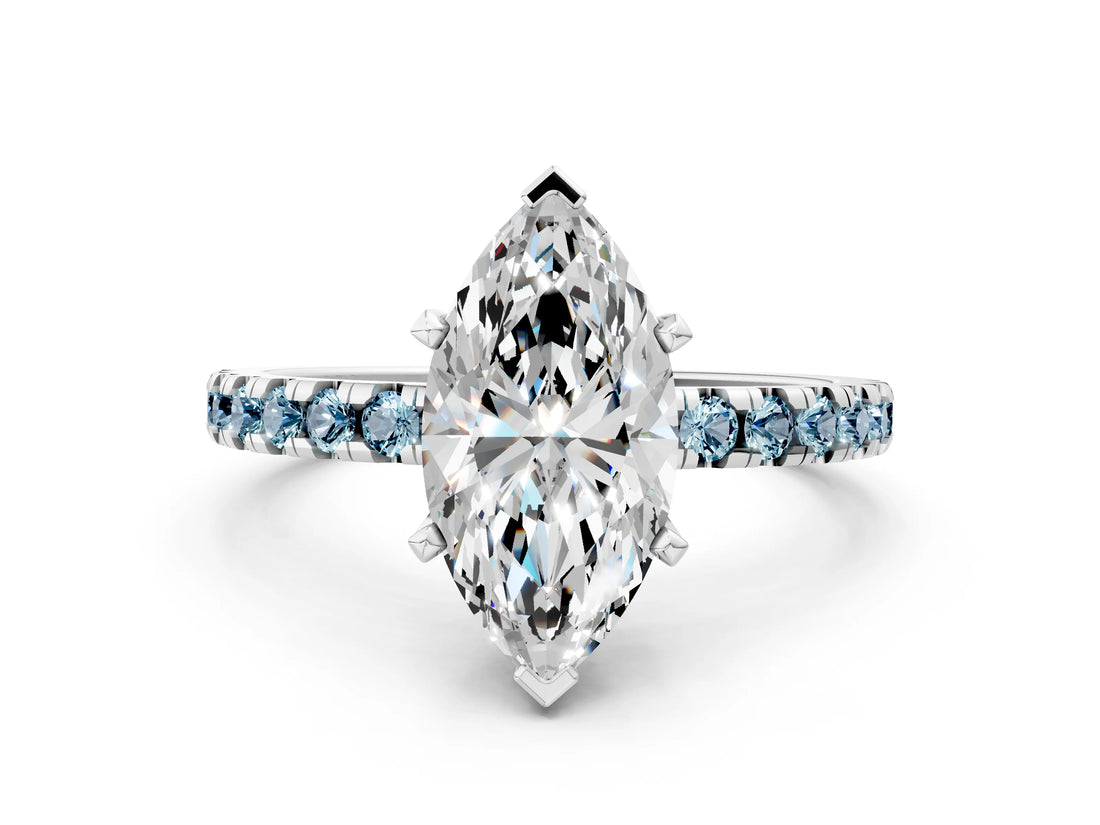 White gold Marquise Cut Diamond Solitaire Ring with Round with Aquamarine side stone Pavé Band and Four-Prong Setting_36