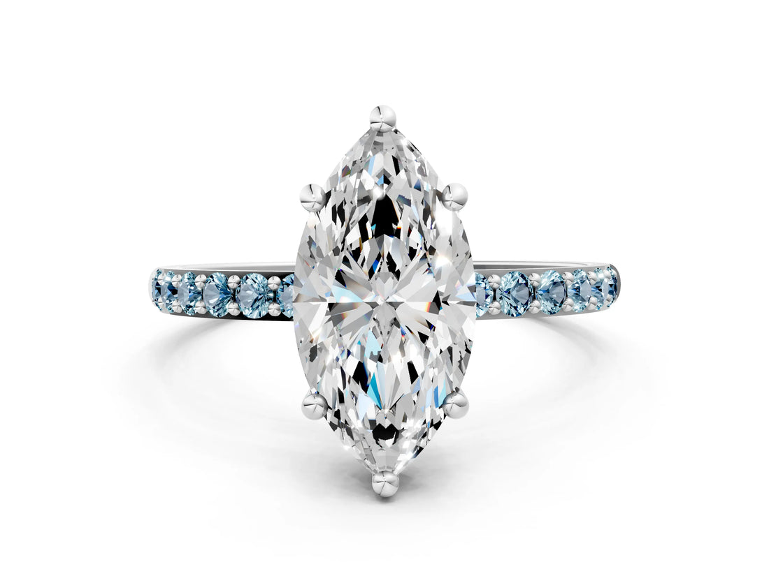 White gold Marquise Cut Diamond Solitaire Ring with Round with Aquamarine side stone Pavé Band and Prong Setting_12