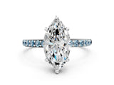 White gold Marquise Cut Diamond Solitaire Ring with Round with Aquamarine side stone Pavé Band and Prong Setting_12