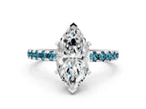 White gold Marquise Cut Diamond Solitaire Ring with Round with Blue Topaz side stone Pavé Band and Four-Prong Setting_12