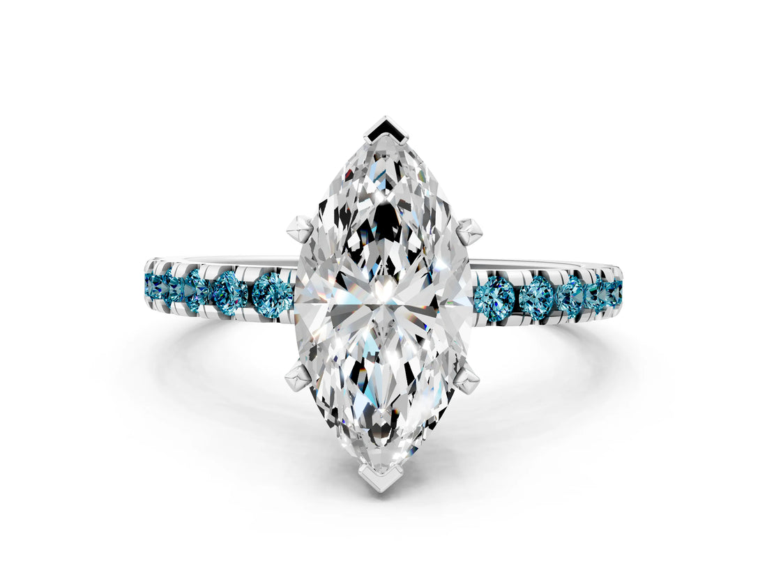 White gold Marquise Cut Diamond Solitaire Ring with Round with Blue Topaz side stone Pavé Band and Four-Prong Setting_36