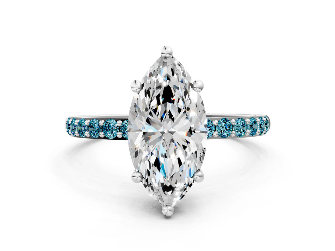 White gold Marquise Cut Diamond Solitaire Ring with Round with Blue Topaz side stone Pavé Band and Prong Setting_10
