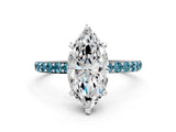 White gold Marquise Cut Diamond Solitaire Ring with Round with Blue Topaz side stone Pavé Band and Prong Setting_10