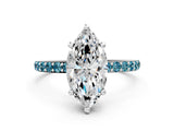 White gold Marquise Cut Diamond Solitaire Ring with Round with Blue Topaz side stone Pavé Band and Prong Setting_12