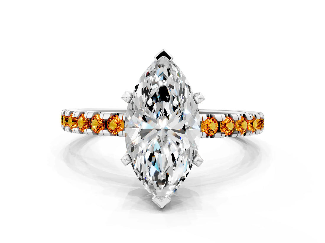 White gold Marquise Cut Diamond Solitaire Ring with Round with Citrine side stone Pavé Band and Four-Prong Setting_12