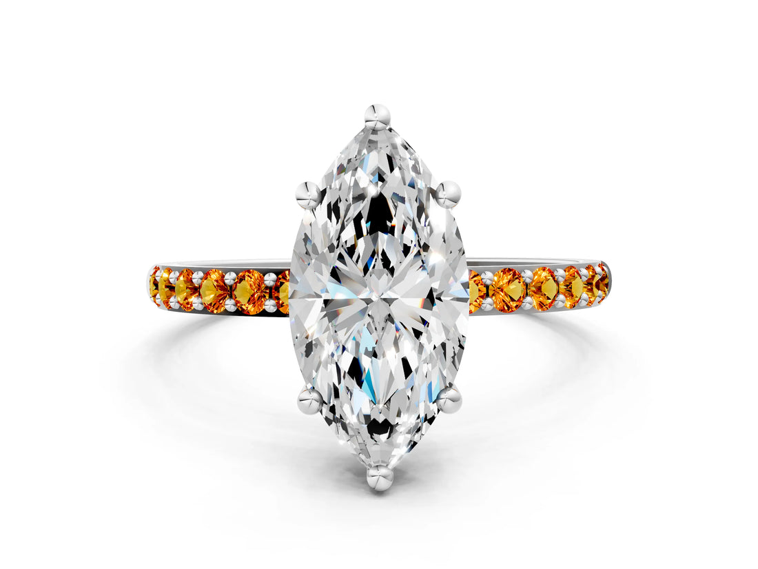 White gold Marquise Cut Diamond Solitaire Ring with Round with Citrine side stone Pavé Band and Prong Setting