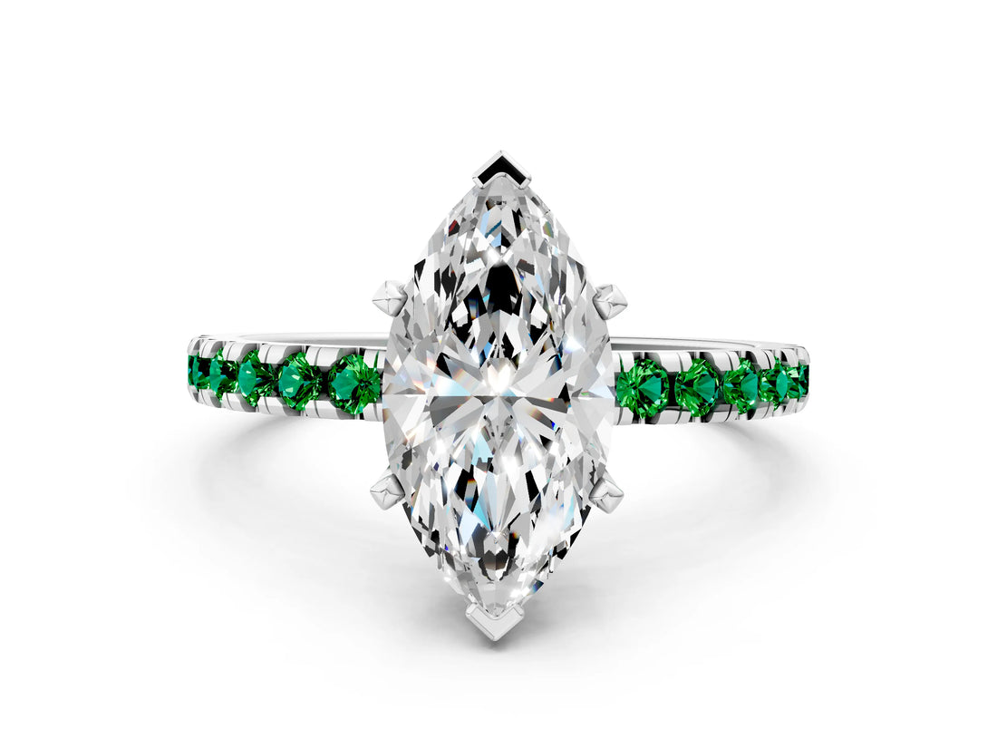 White gold Marquise Cut Diamond Solitaire Ring with Round with Emerald side stone Pavé Band and Four-Prong Setting_36