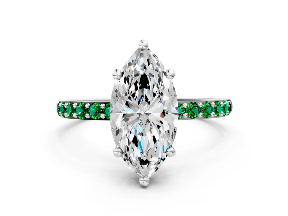 White gold Marquise Cut Diamond Solitaire Ring with Round with Emerald side stone Pavé Band and Prong Setting_12