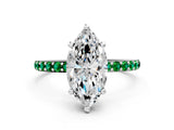White gold Marquise Cut Diamond Solitaire Ring with Round with Emerald side stone Pavé Band and Prong Setting_12
