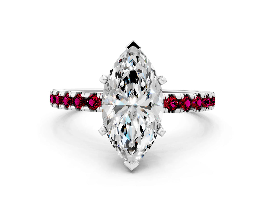 White gold Marquise Cut Diamond Solitaire Ring with Round with Garnet side stone Pavé Band and Four-Prong Setting