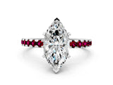 White gold Marquise Cut Diamond Solitaire Ring with Round with Garnet side stone Pavé Band and Four-Prong Setting