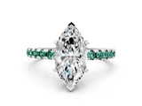 White gold Marquise Cut Diamond Solitaire Ring with Round with Green Sapphire side stone Pavé Band and Four-Prong Setting