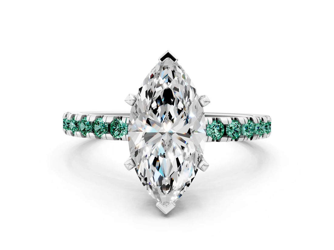 White gold Marquise Cut Diamond Solitaire Ring with Round with Green Sapphire side stone Pavé Band and Four-Prong Setting_12