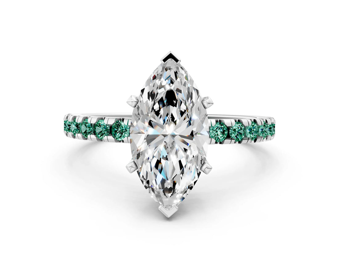 White gold Marquise Cut Diamond Solitaire Ring with Round with Green Sapphire side stone Pavé Band and Four-Prong Setting_36