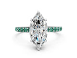 White gold Marquise Cut Diamond Solitaire Ring with Round with Green Sapphire side stone Pavé Band and Prong Setting_12