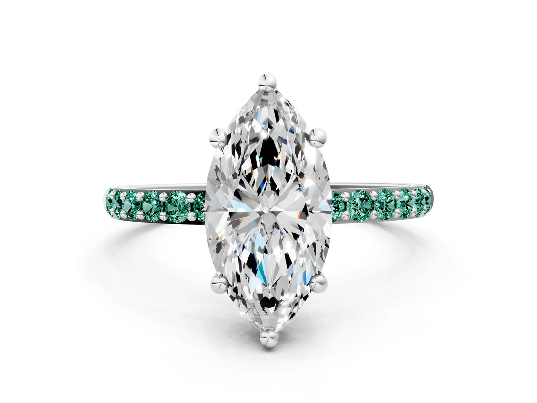 White gold Marquise Cut Diamond Solitaire Ring with Round with Green Sapphire side stone Pavé Band and Prong Setting_18