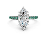 White gold Marquise Cut Diamond Solitaire Ring with Round with Green Sapphire side stone Pavé Band and Prong Setting_6