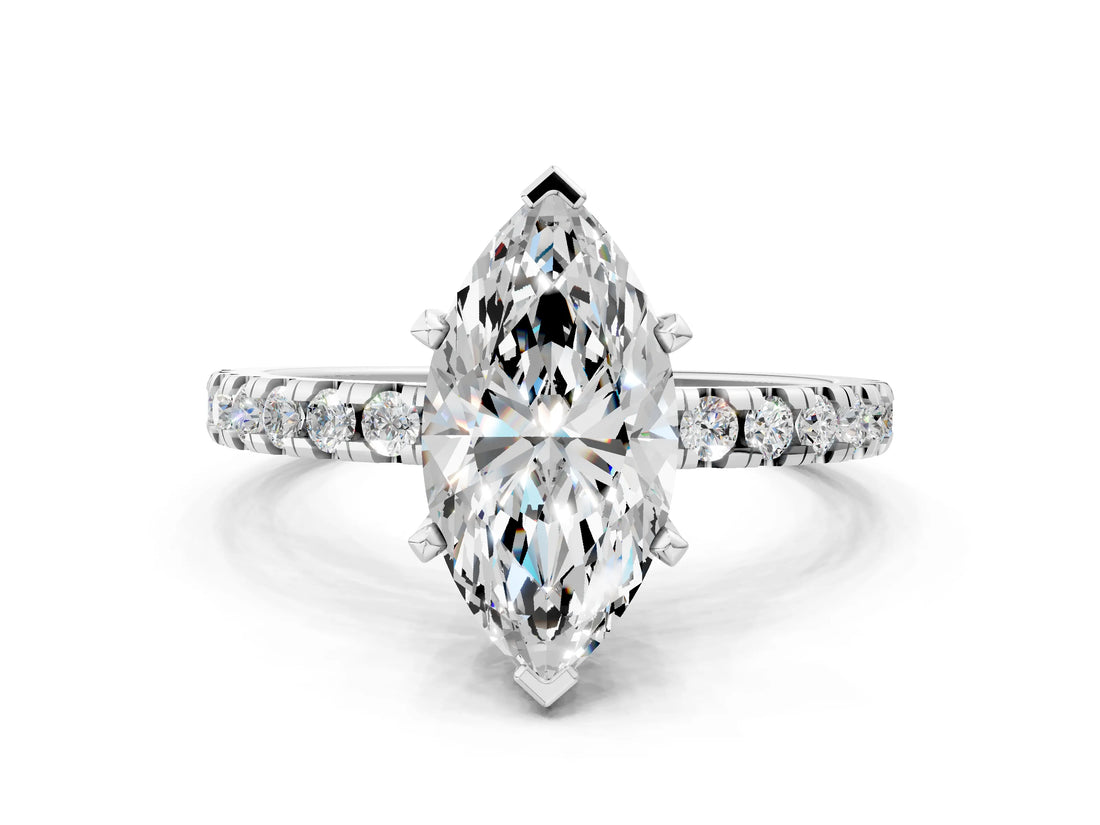 White gold Marquise Cut Diamond Solitaire Ring with Round with Moissanite side stone Pavé Band and Four-Prong Setting_12