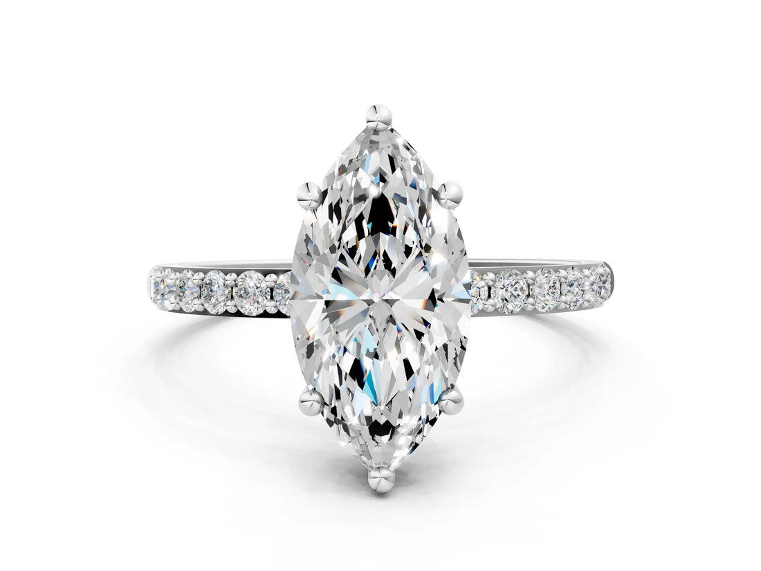 White gold Marquise Cut Diamond Solitaire Ring with Round with Moissanite side stone Pavé Band and Prong Setting