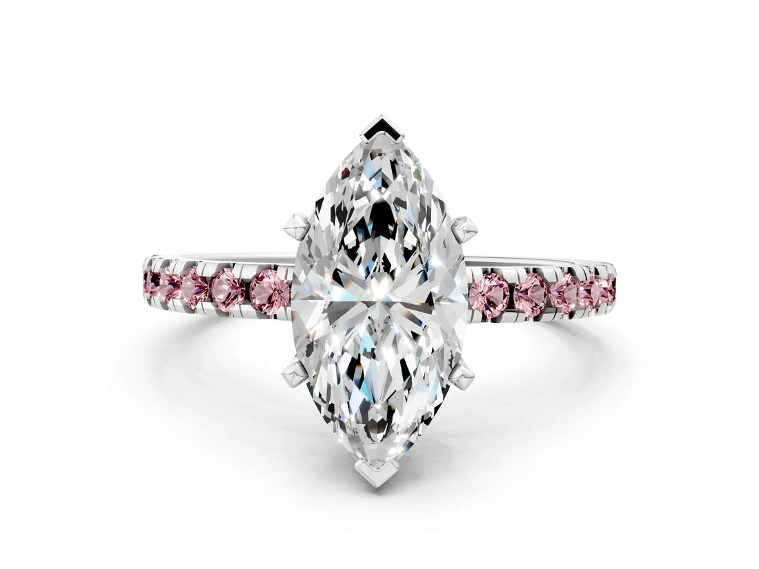 White gold Marquise Cut Diamond Solitaire Ring with Round with Morganite side stone Pavé Band and Four-Prong Setting_12