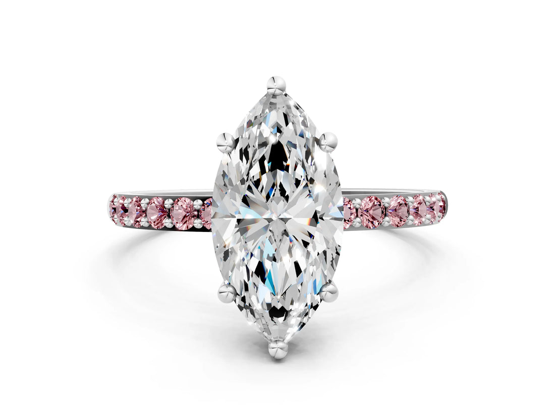 White gold Marquise Cut Diamond Solitaire Ring with Round with Morganite side stone Pavé Band and Prong Setting_12