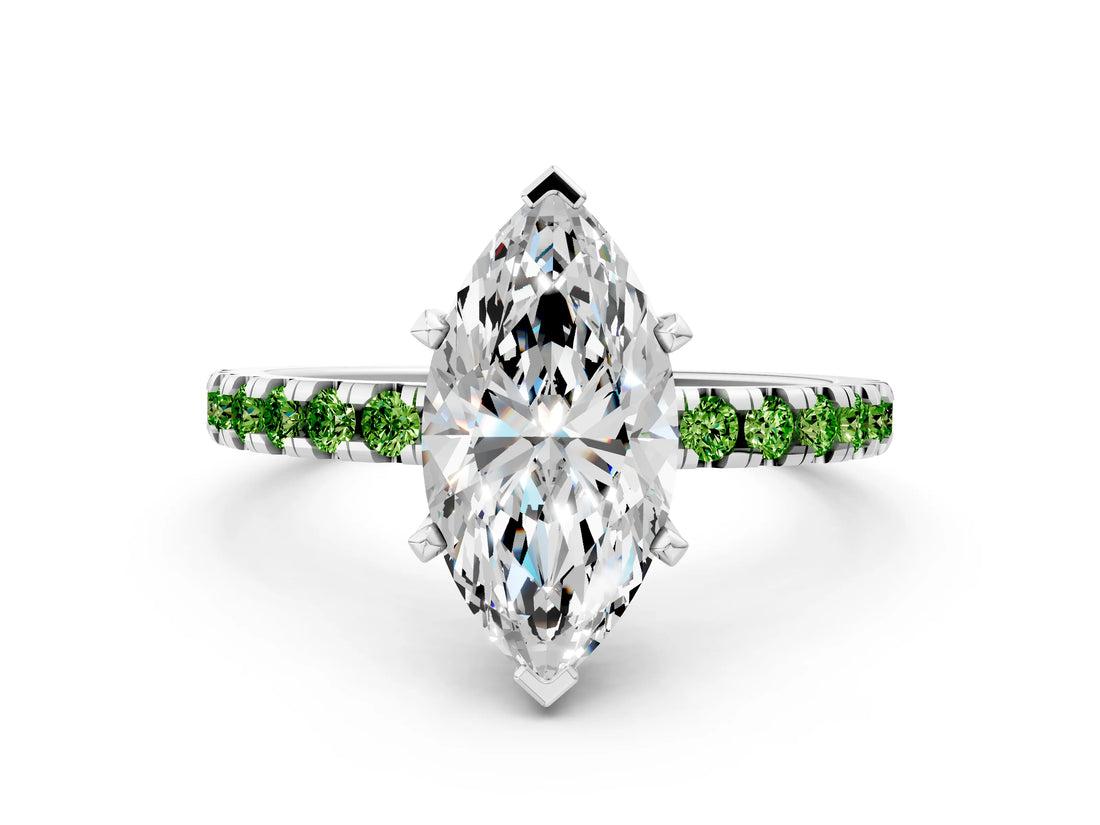 White gold Marquise Cut Diamond Solitaire Ring with Round with Peridot side stone Pavé Band and Four-Prong Setting_36