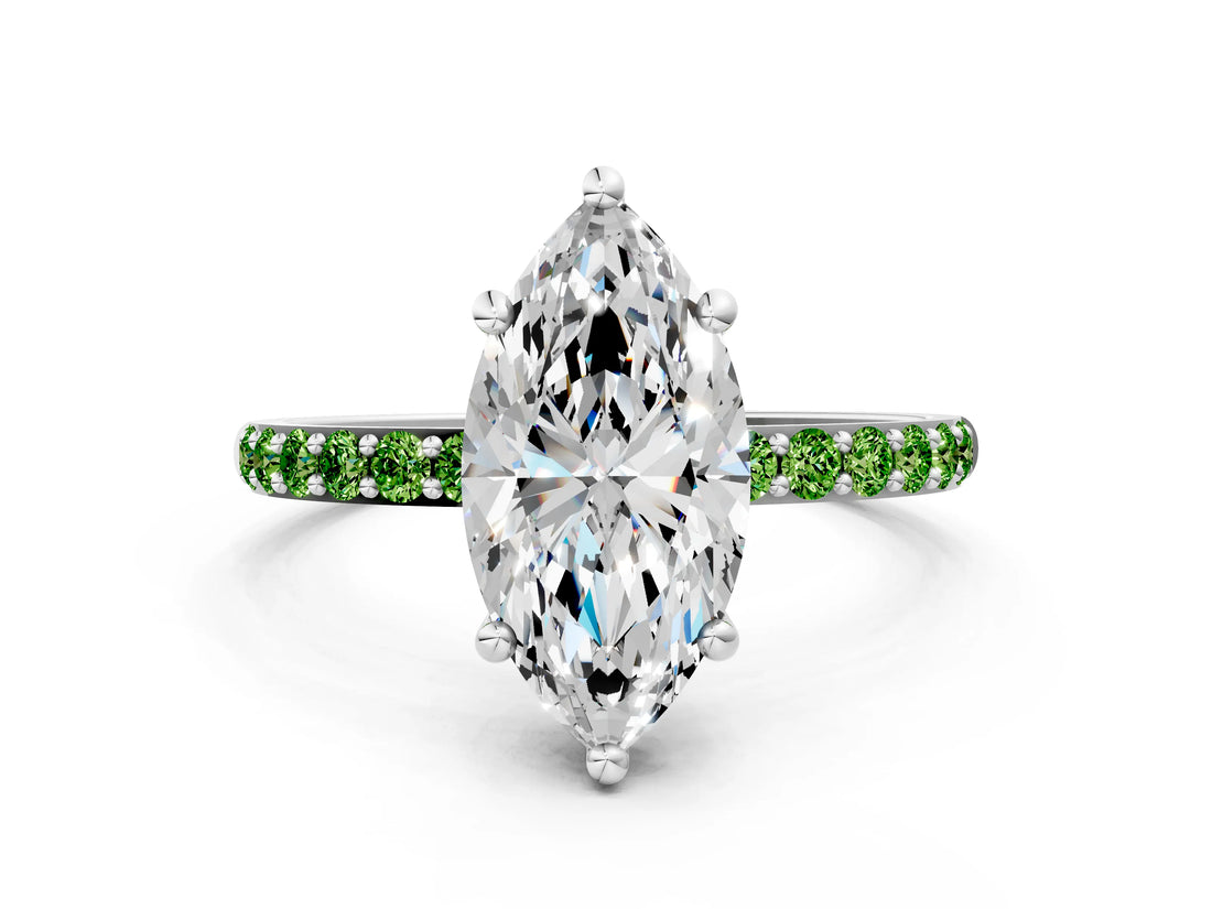 White gold Marquise Cut Diamond Solitaire Ring with Round with Peridot side stone Pavé Band and Prong Setting_30