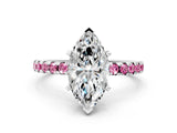 White gold Marquise Cut Diamond Solitaire Ring with Round with Pink Sapphire side stone Pavé Band and Four-Prong Setting