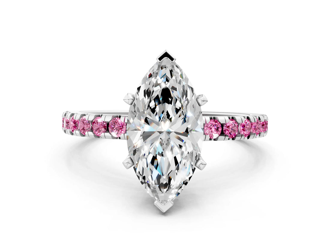 White gold Marquise Cut Diamond Solitaire Ring with Round with Pink Sapphire side stone Pavé Band and Four-Prong Setting_12