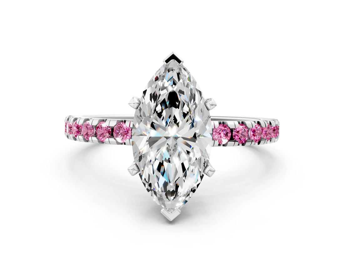 White gold Marquise Cut Diamond Solitaire Ring with Round with Pink Sapphire side stone Pavé Band and Four-Prong Setting_36