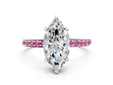 White gold Marquise Cut Diamond Solitaire Ring with Round with Pink Sapphire side stone Pavé Band and Prong Setting