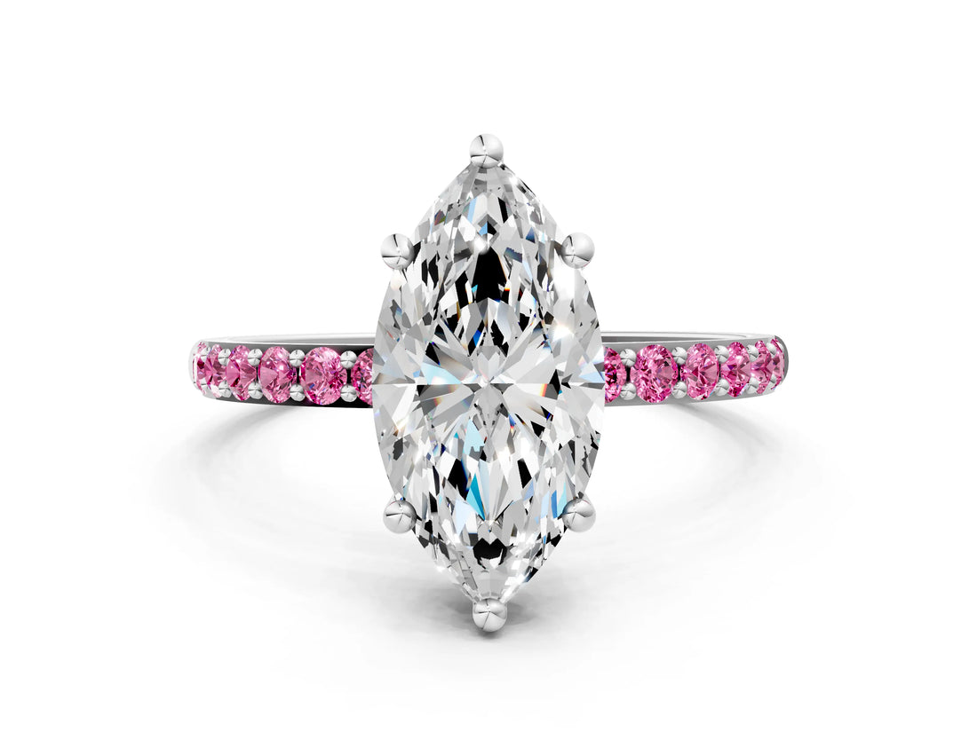 White gold Marquise Cut Diamond Solitaire Ring with Round with Pink Sapphire side stone Pavé Band and Prong Setting
