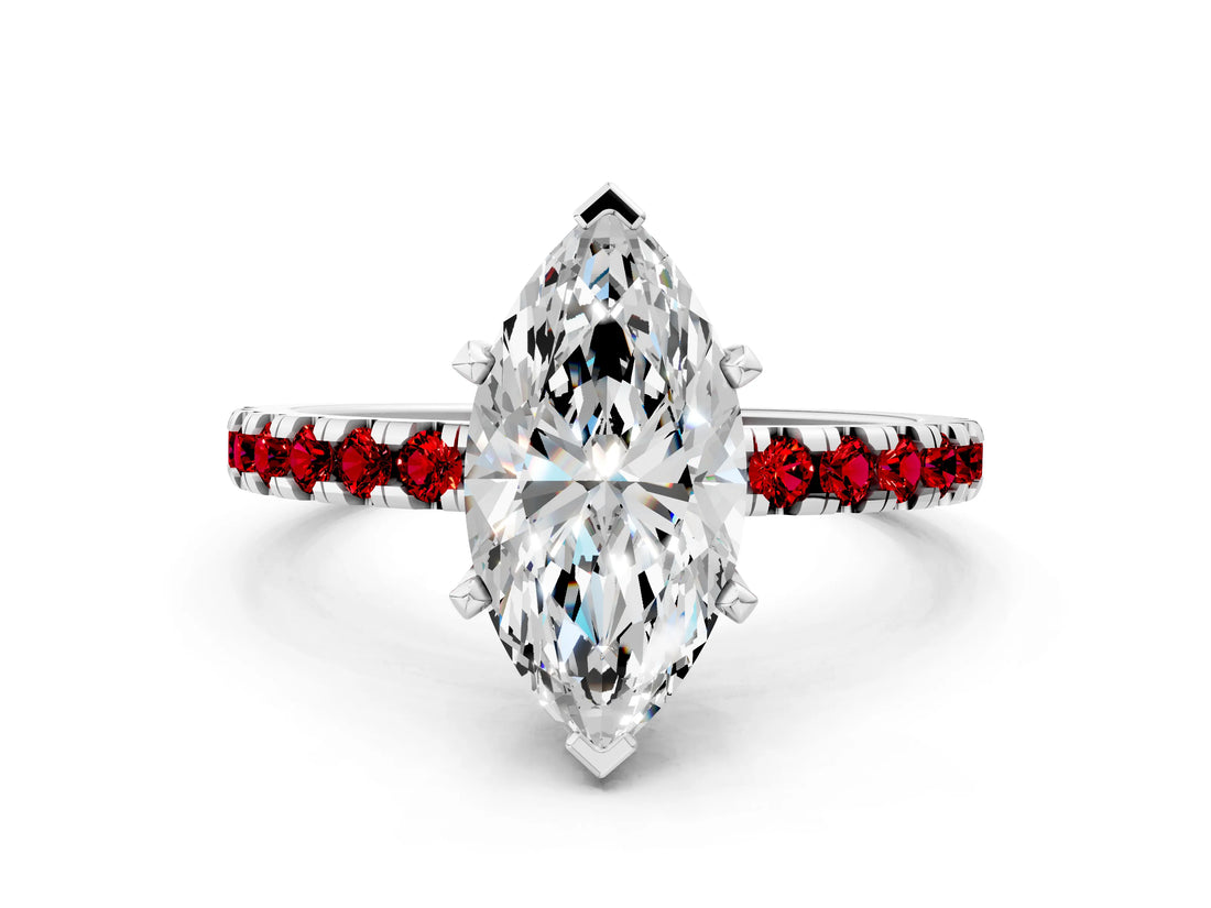 White gold Marquise Cut Diamond Solitaire Ring with Round with Ruby side stone Pavé Band and Four-Prong Setting_12